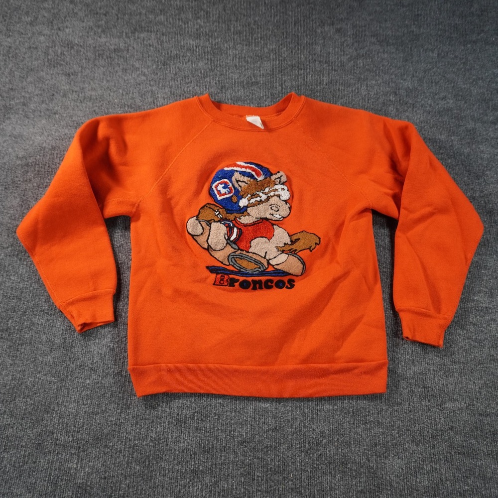 Vintage Discus Athletic Denver Broncos Sweatshirt Mens S Orange Chenille Mascot